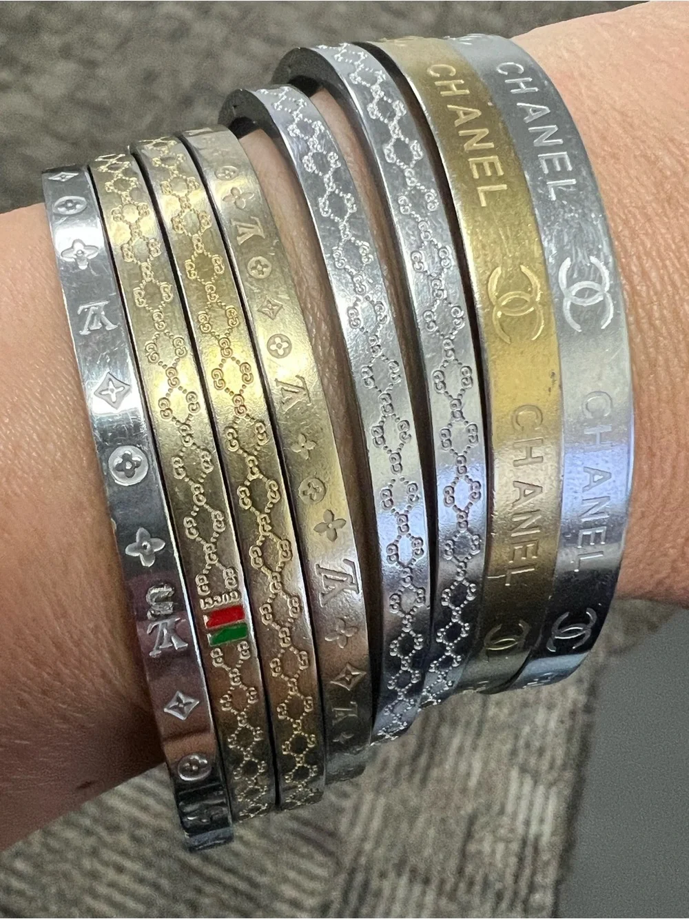 Chanel, LV, Gucci Stackable Silver and Gold Logo Bangle Set - Picture 3 of 16